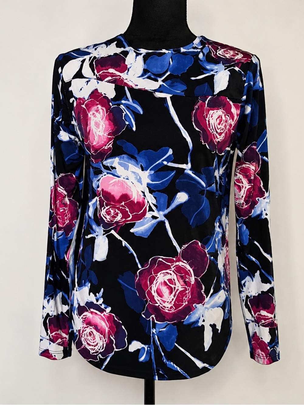 Karl Lagerfeld Black Floral Long-Sleeve Top with Pink and Blue Roses